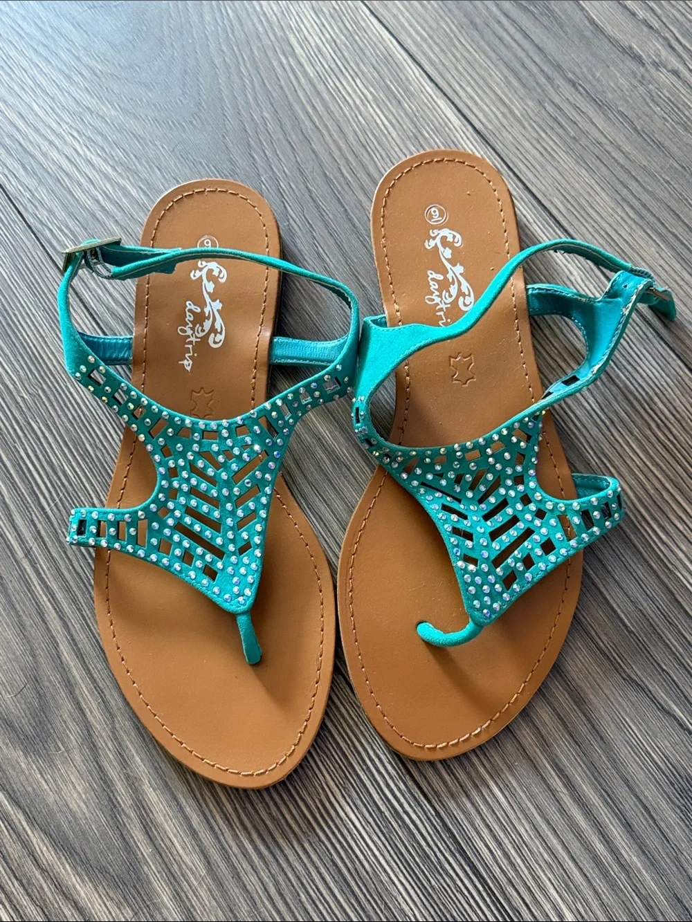 Daytrip Teal Jeweled T-Strap Sandals for Women